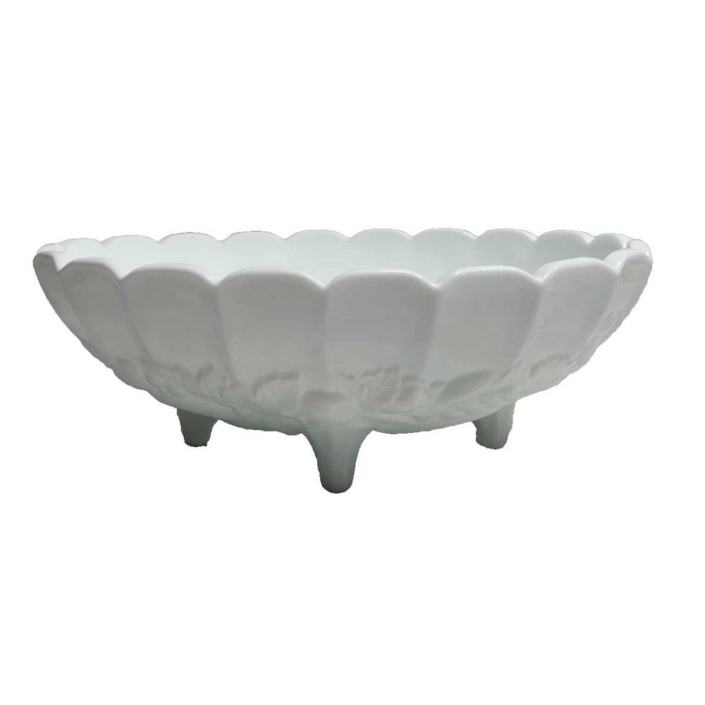 Vintage Indiana Harvest Grapes Oval Fruit Bowl Milk Glass Footed Scalloped White - Picture 1 of 5